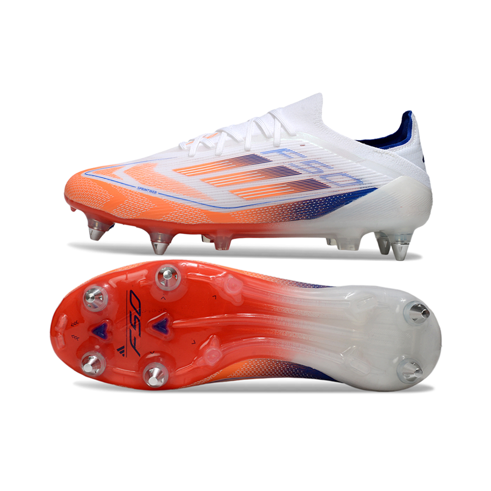 Chuteira Campo Adidas F50 Ponta de Aluminio Branco, Laranja e Azul