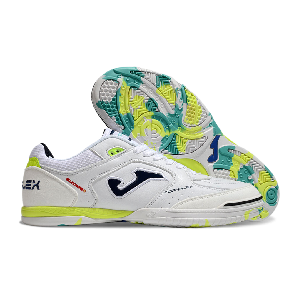 Chuteira Futsal Joma Top Flex Rebound IC Branca, Amarelo e Azul