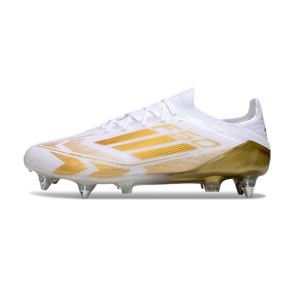 Chuteira Campo Adidas F50 Ponta de Aluminio Branca e Dourado