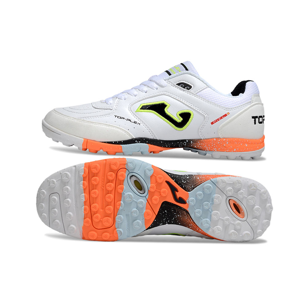 Chuteira Society Joma Top Flex TF Branco, Laranja e Verde