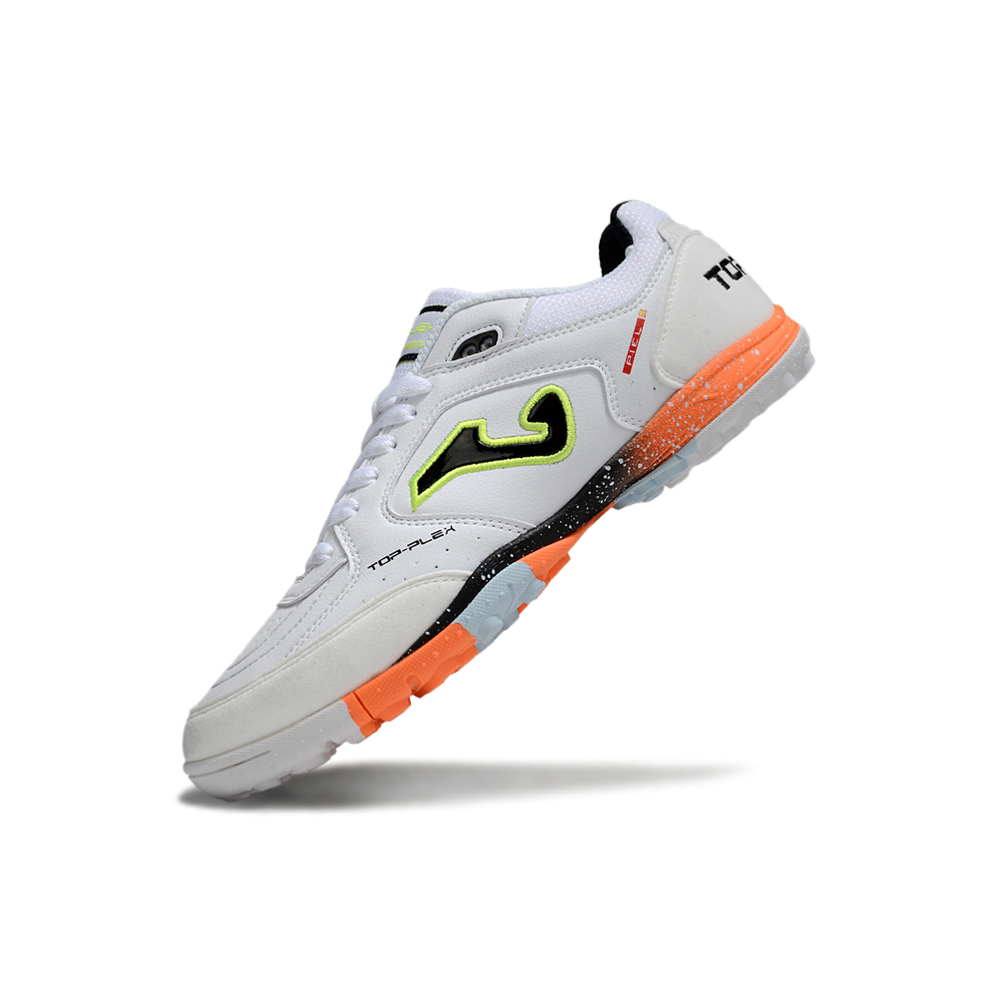 Chuteira Society Joma Top Flex TF Branco, Laranja e Verde
