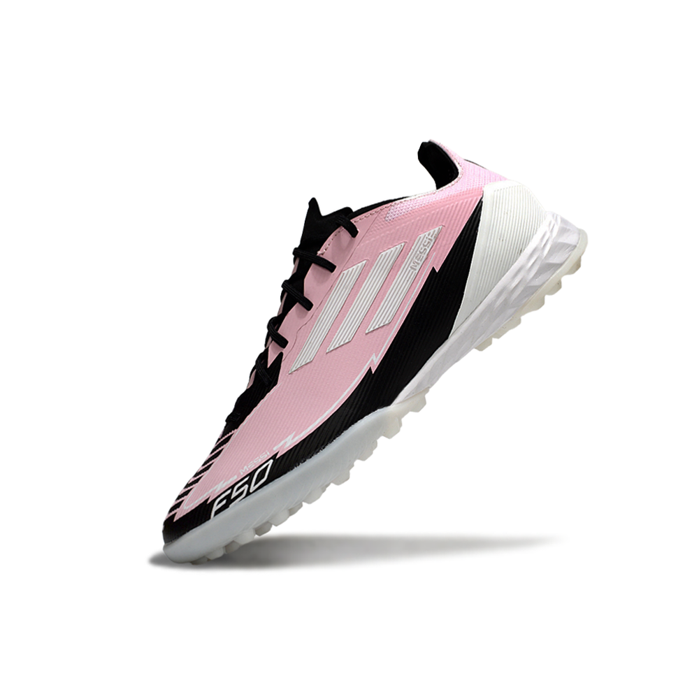 Chuteira Society Adidas F50 TF Rosa, Preto e Branco "Messi"