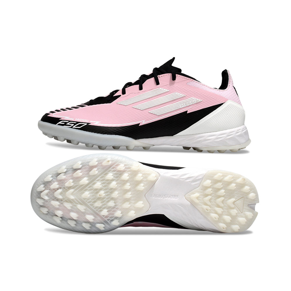 Chuteira Society Adidas F50 TF Rosa, Preto e Branco "Messi"