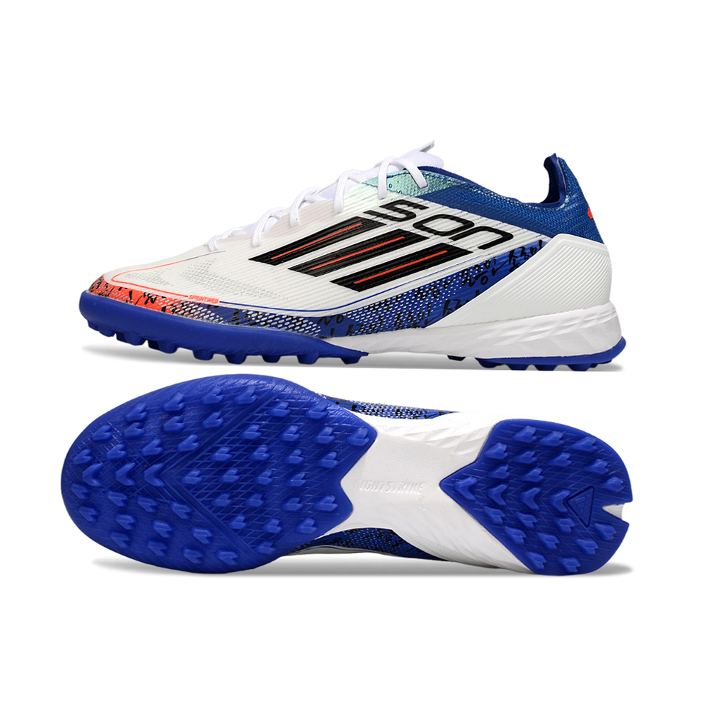 Chuteira Society Adidas F50 TF Branco, Azul e Laranja 