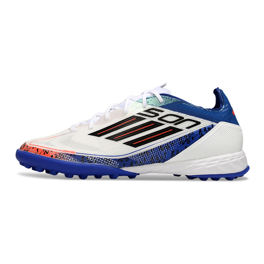 Chuteira Society Adidas F50 TF Branco, Azul e Laranja 