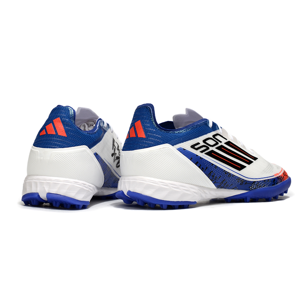 Chuteira Society Adidas F50 TF Branco, Azul e Laranja 