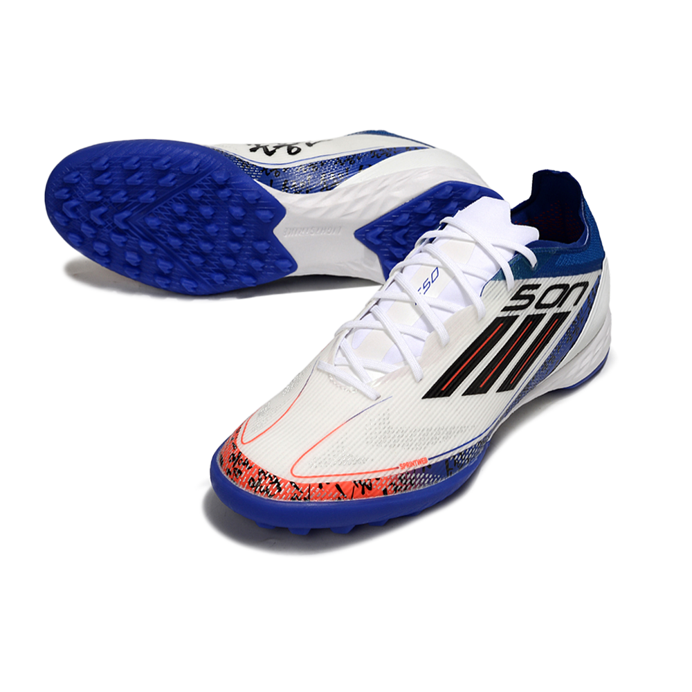 Chuteira Society Adidas F50 TF Branco, Azul e Laranja 