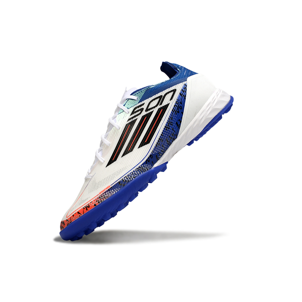 Chuteira Society Adidas F50 TF Branco, Azul e Laranja 