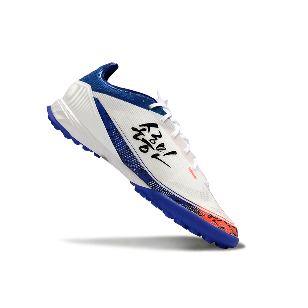 Chuteira Society Adidas F50 TF Branco, Azul e Laranja 