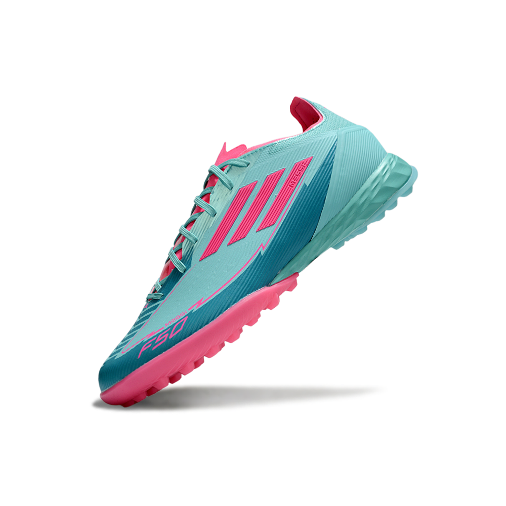 Chuteira Society Adidas F50 TF Rosa e Azul 