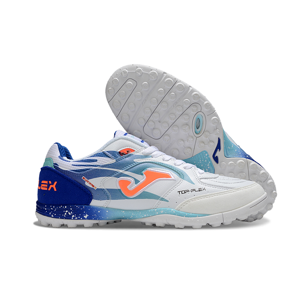 Chuteira Society Joma Top Flex TF Branco e Azul
