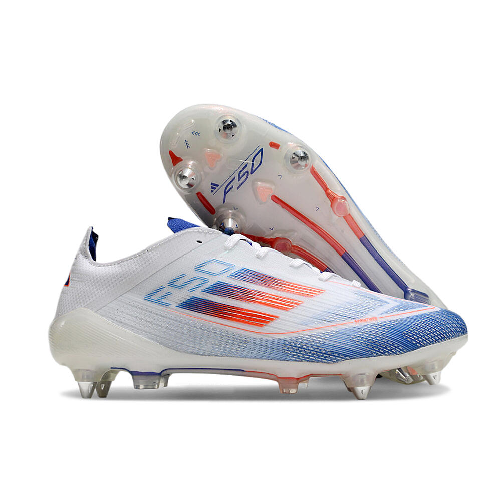 Chuteira Campo Adidas F50 Ponta de Aluminio Branca, Azul e Vermelha "Advancement Pack"