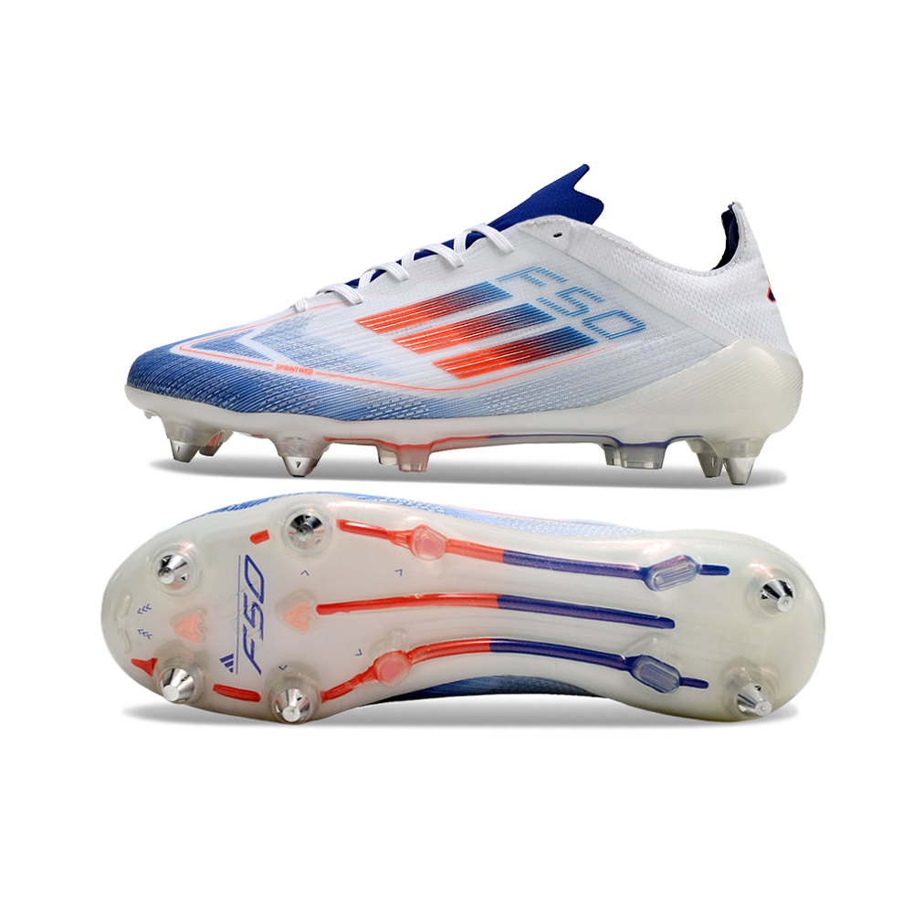 Chuteira Campo Adidas F50 Ponta de Aluminio Branca, Azul e Vermelha "Advancement Pack"