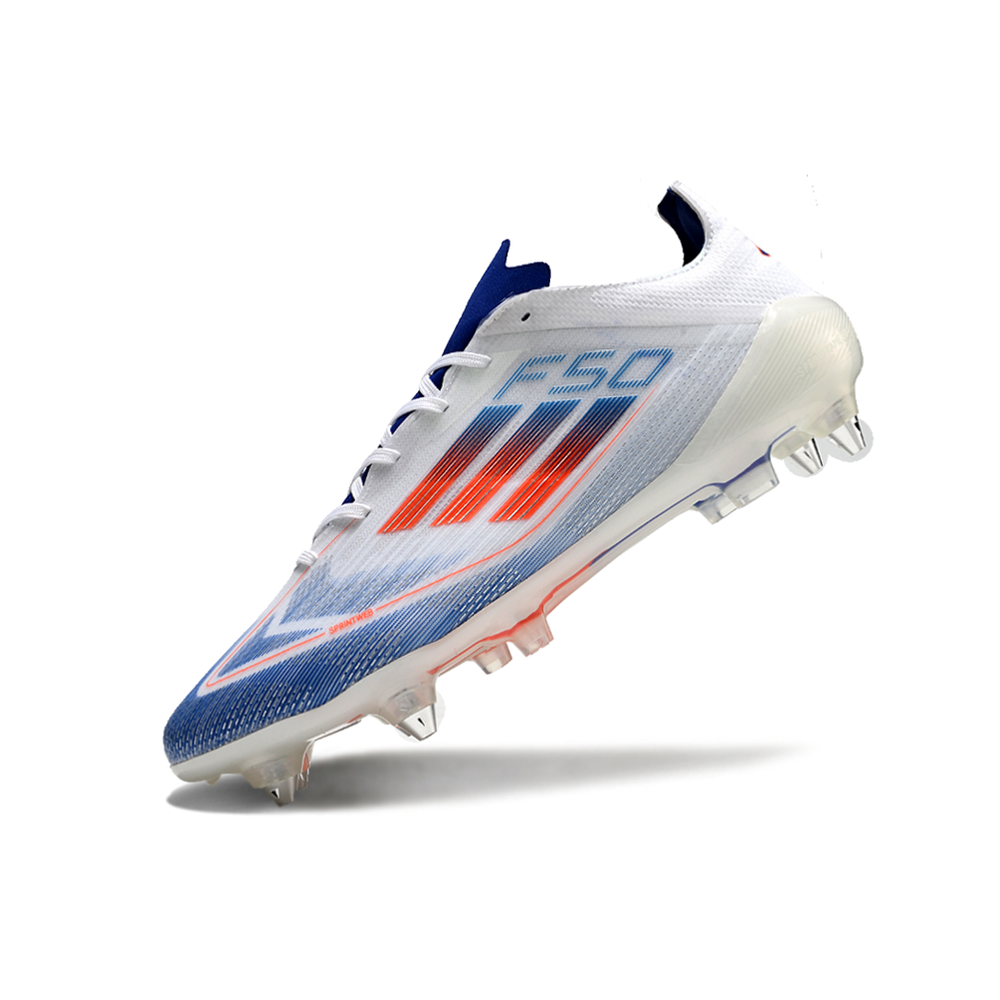 Chuteira Campo Adidas F50 Ponta de Aluminio Branca, Azul e Vermelha "Advancement Pack"