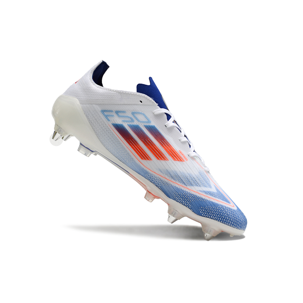 Chuteira Campo Adidas F50 Ponta de Aluminio Branca, Azul e Vermelha "Advancement Pack"