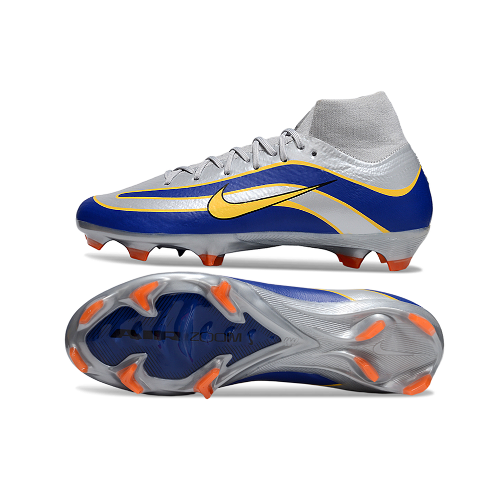 Chuteira Campo Nike Air Zoom Mercurial Surperfly 10 Elite FG Prata, Azul e Amarelo
