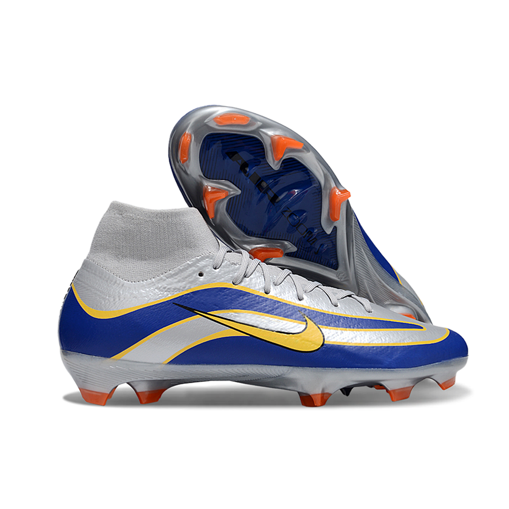 Chuteira Campo Nike Air Zoom Mercurial Surperfly 10 Elite FG Prata, Azul e Amarelo