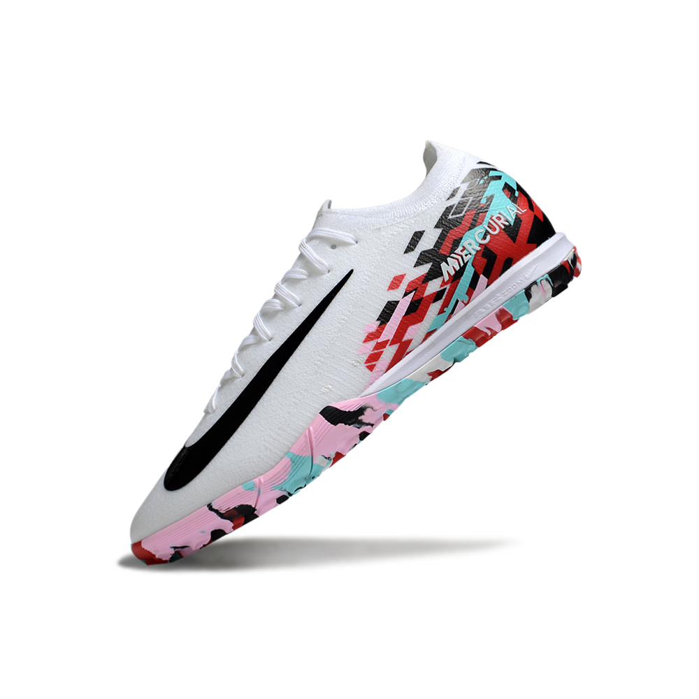 Chuteira Society Nike Air Zoom Mercurial Vapor 16 Elite TF Branco, Azul, Rosa, Vermelho e Preto