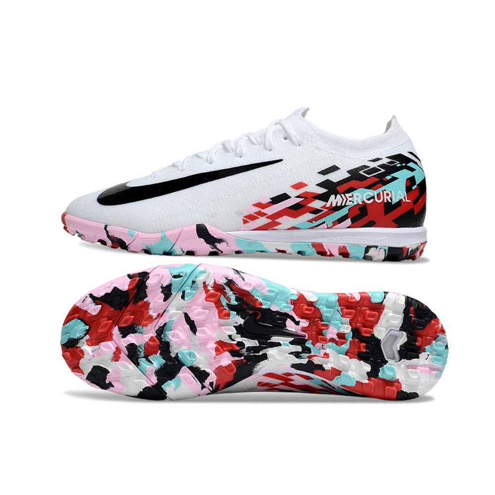 Chuteira Society Nike Air Zoom Mercurial Vapor 16 Elite TF Branco, Azul, Rosa, Vermelho e Preto