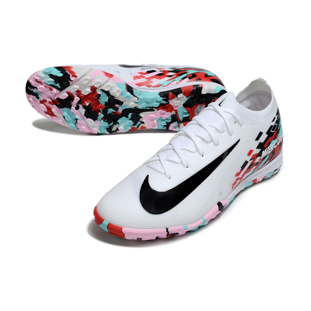Chuteira Society Nike Air Zoom Mercurial Vapor 16 Elite TF Branco, Azul, Rosa, Vermelho e Preto