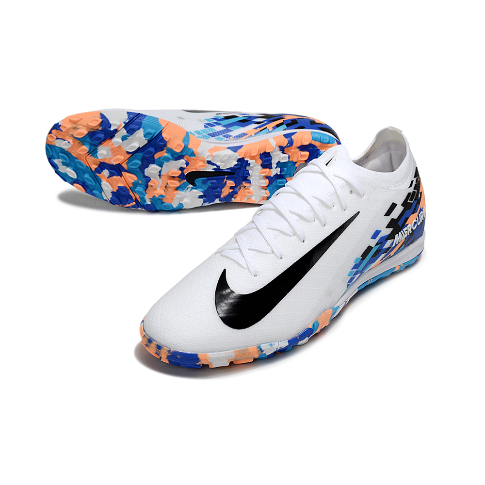 Chuteira Society Nike Air Zoom Mercurial Vapor 16 Elite TF Branco, Azul, Laranja e Preto
