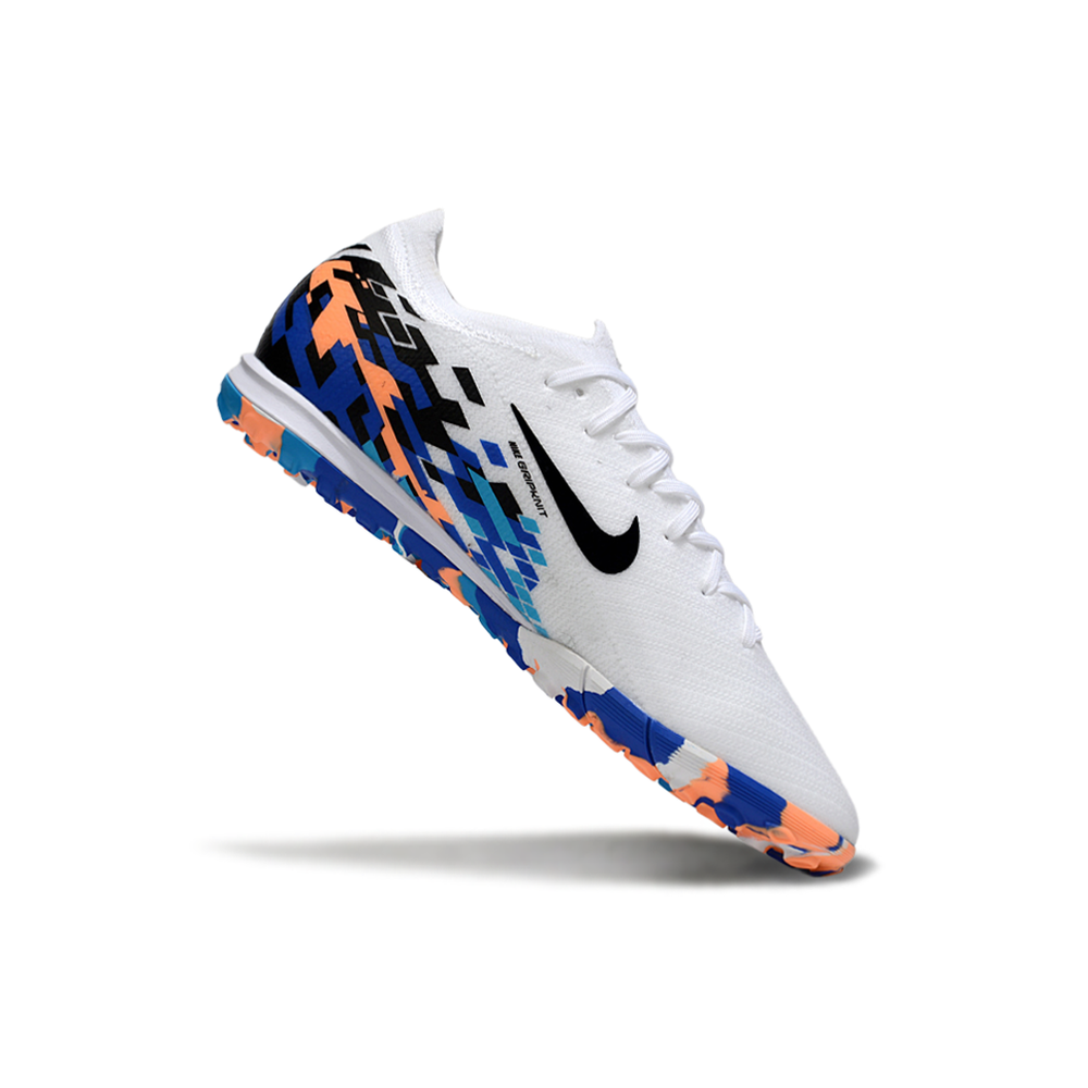Chuteira Society Nike Air Zoom Mercurial Vapor 16 Elite TF Branco, Azul, Laranja e Preto