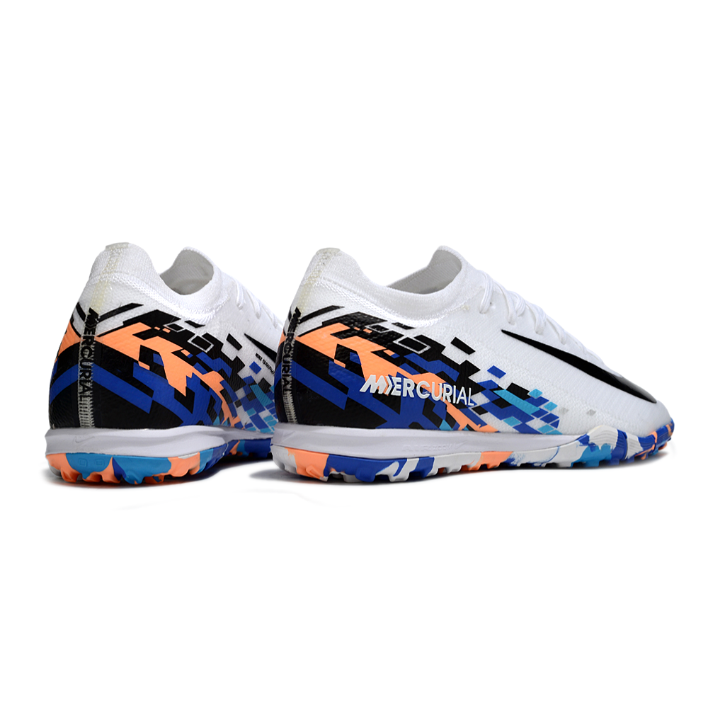 Chuteira Society Nike Air Zoom Mercurial Vapor 16 Elite TF Branco, Azul, Laranja e Preto