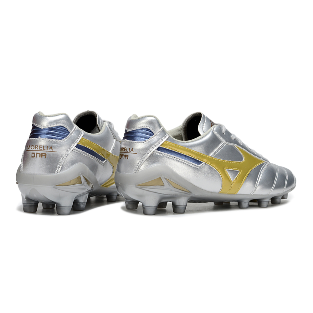 Chuteira Campo Mizuno Morelia DNA FG Prata e Dourada "Platinum"