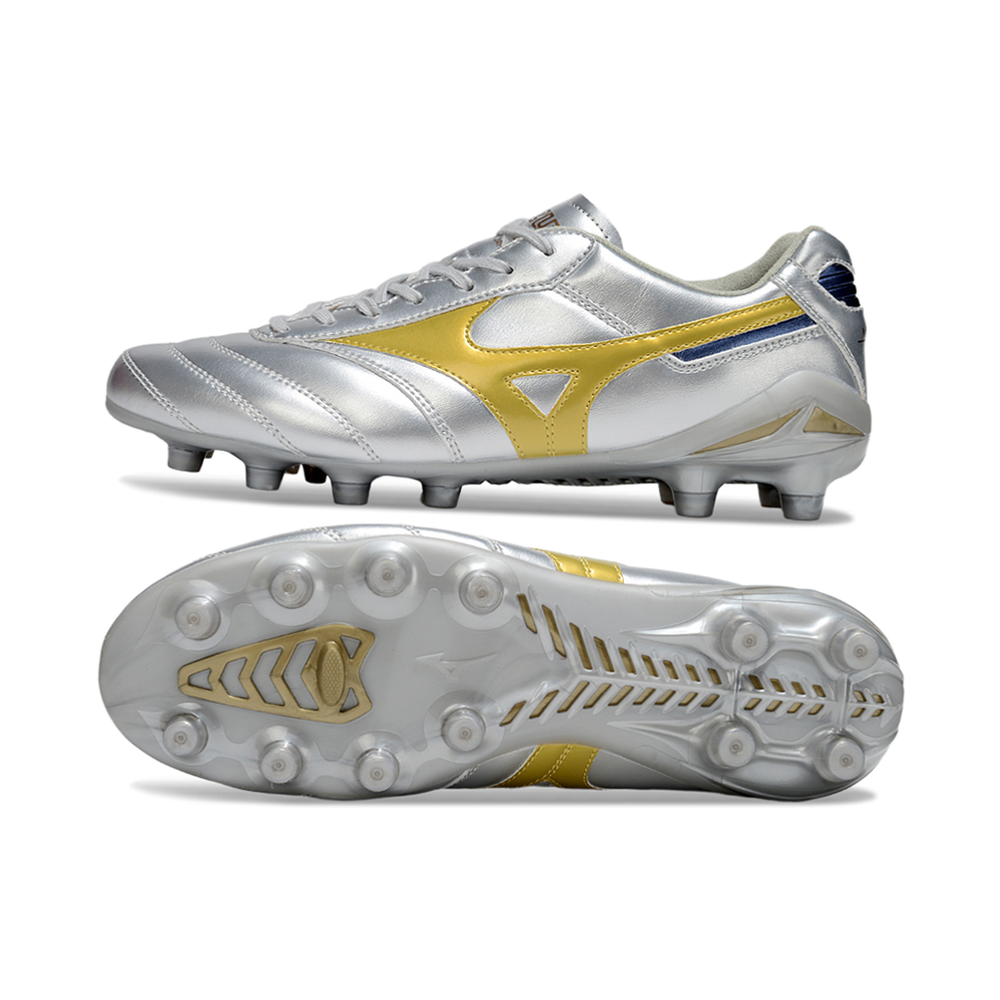 Chuteira Campo Mizuno Morelia DNA FG Prata e Dourada "Platinum"