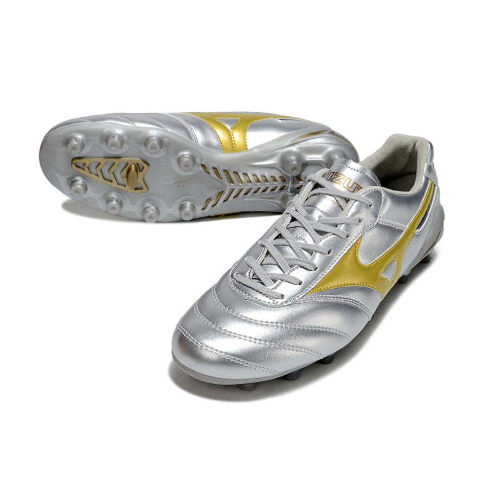 Chuteira Campo Mizuno Morelia DNA FG Prata e Dourada "Platinum"