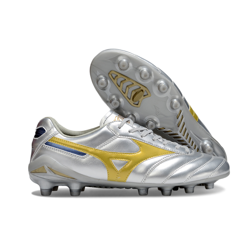 Chuteira Campo Mizuno Morelia DNA FG Prata e Dourada "Platinum"