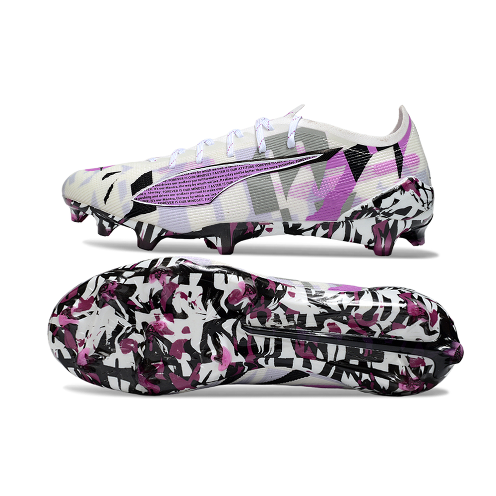 Chuteira Campo Puma Ultra 5 Ultimate FG Branco, Rosa e Preto