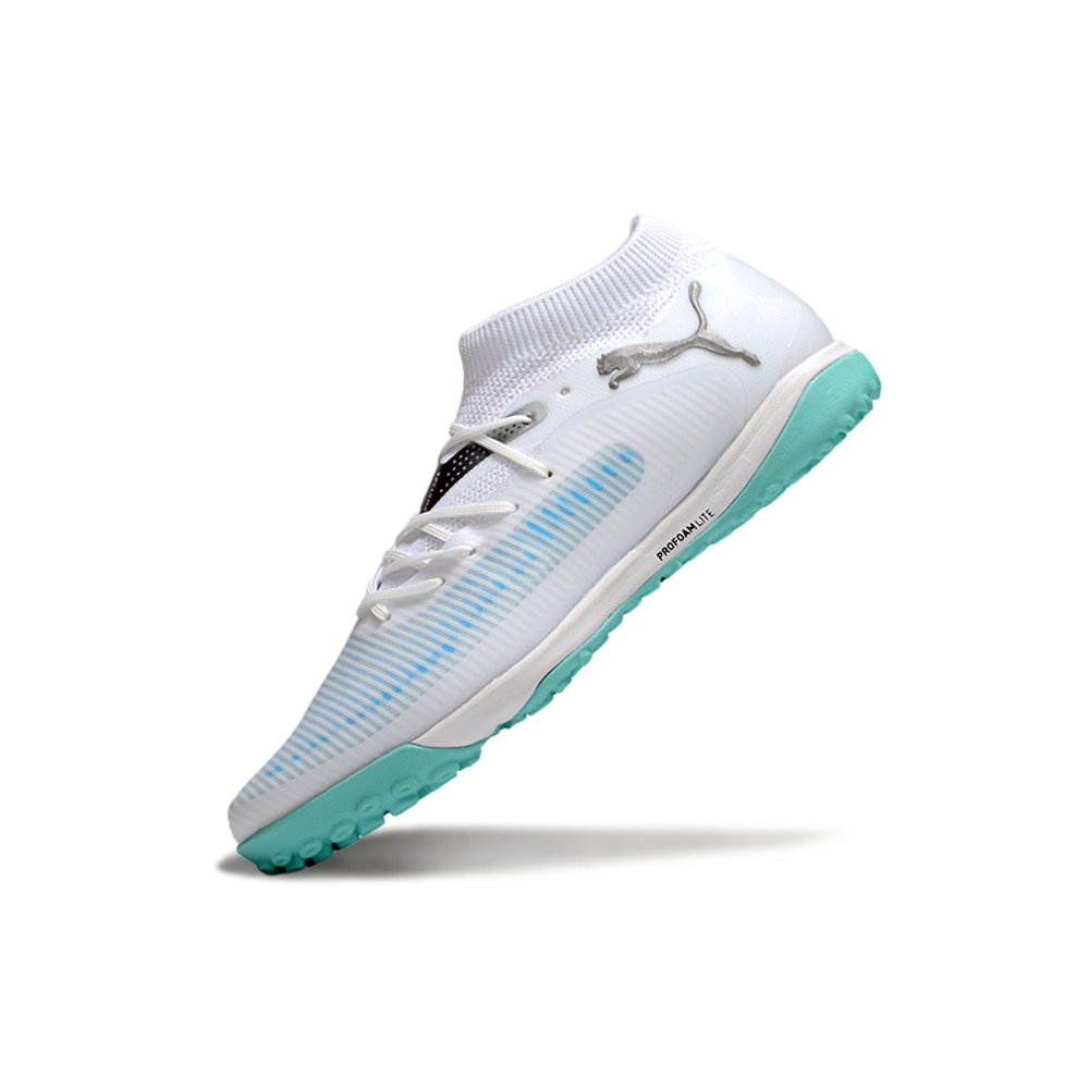 Chuteira Society Puma Future 8 TF Branco e Azul