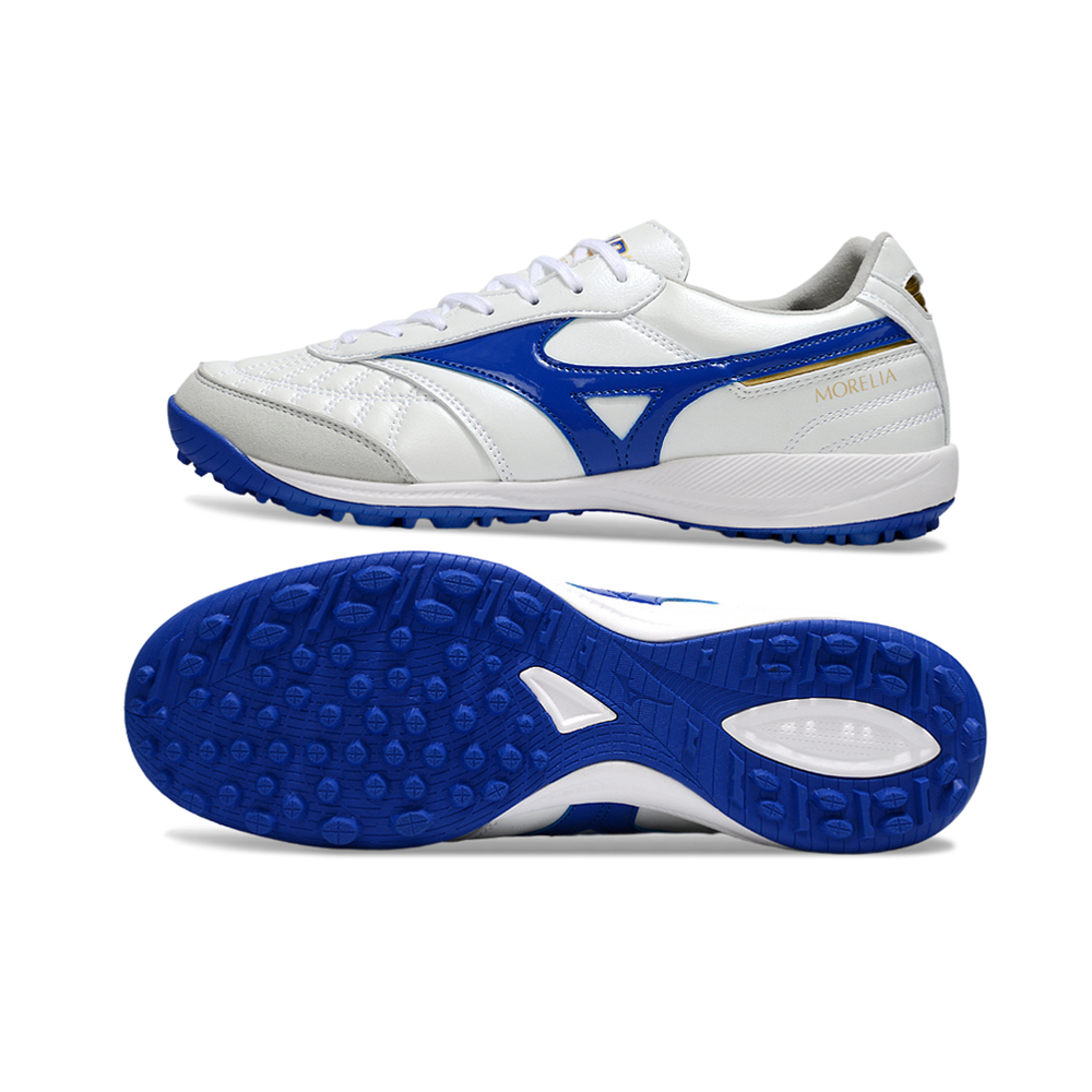 Chuteira Society Mizuno Morelia Neo 4 TF Branco e Azul