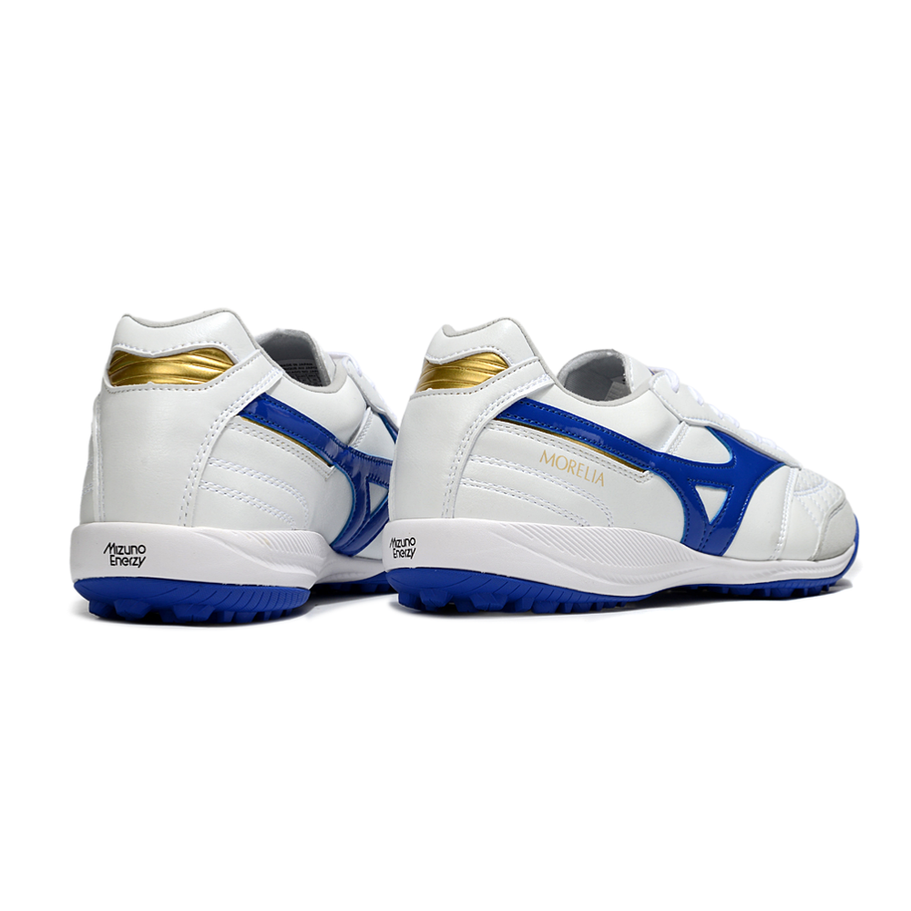 Chuteira Society Mizuno Morelia Neo 4 TF Branco e Azul
