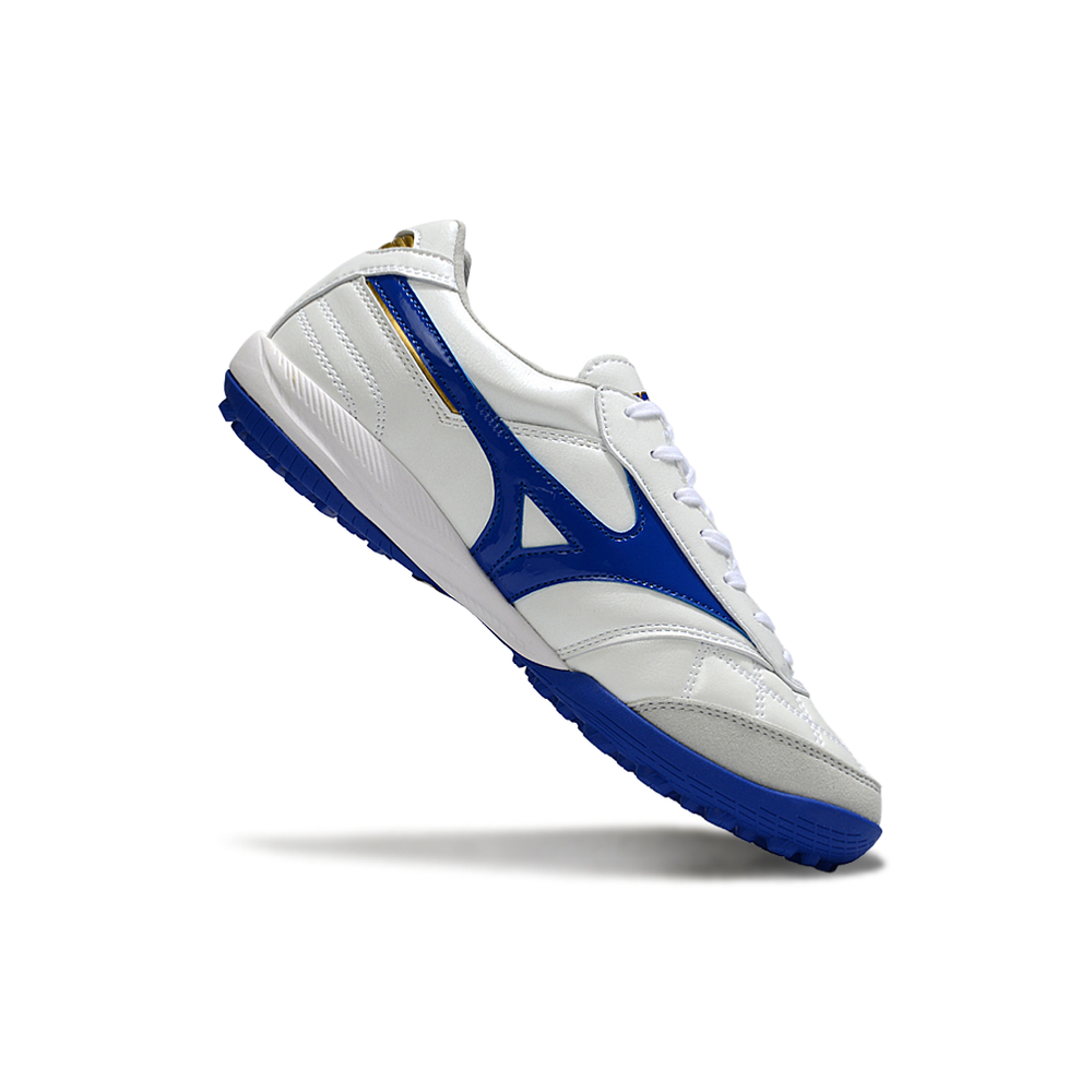 Chuteira Society Mizuno Morelia Neo 4 TF Branco e Azul