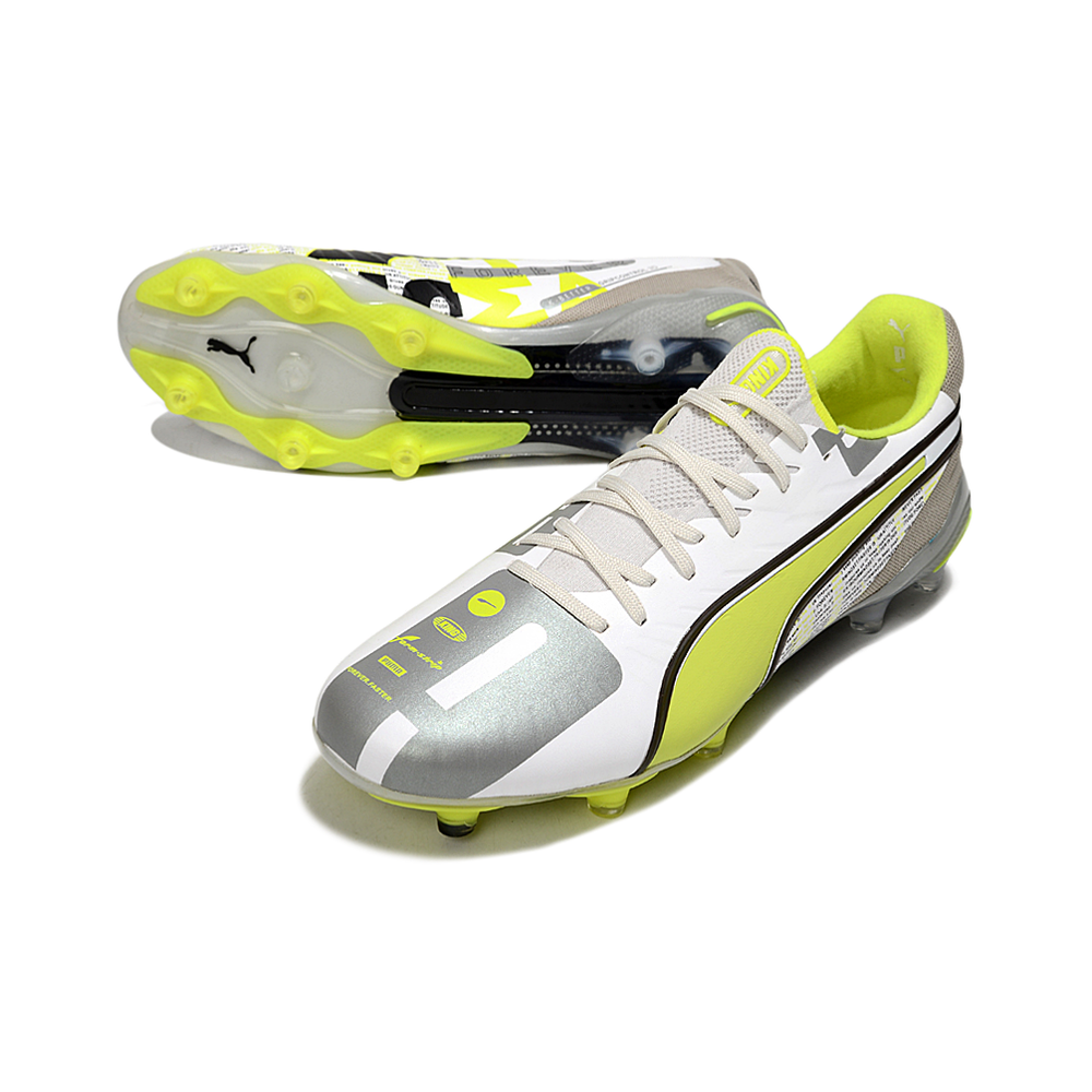 Chuteira Campo Puma King Ultimate FG ''Forever'' Prata e Amarelo