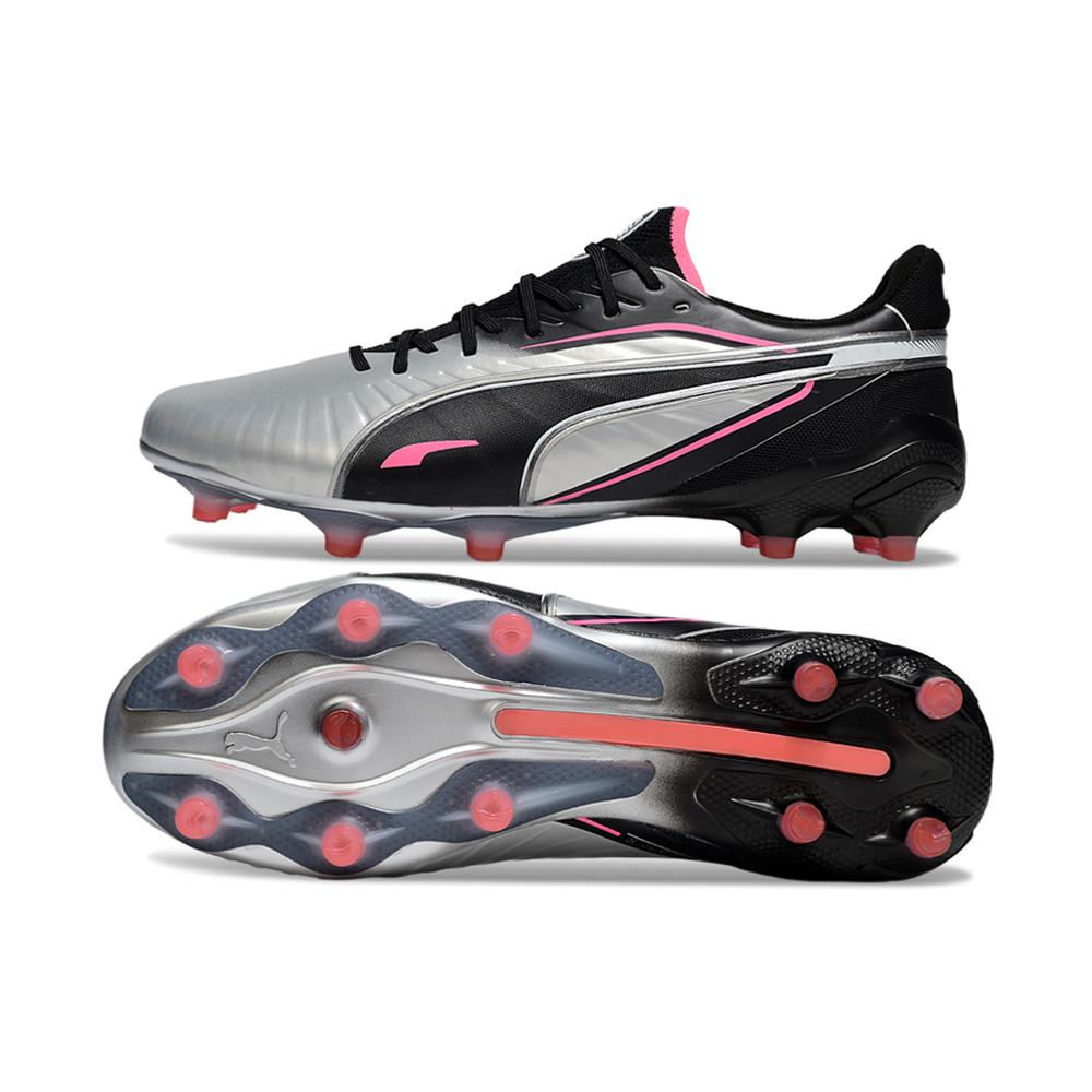 Chuteira Campo Puma King Ultimate FG Audacity Prata, Preto e Rosa