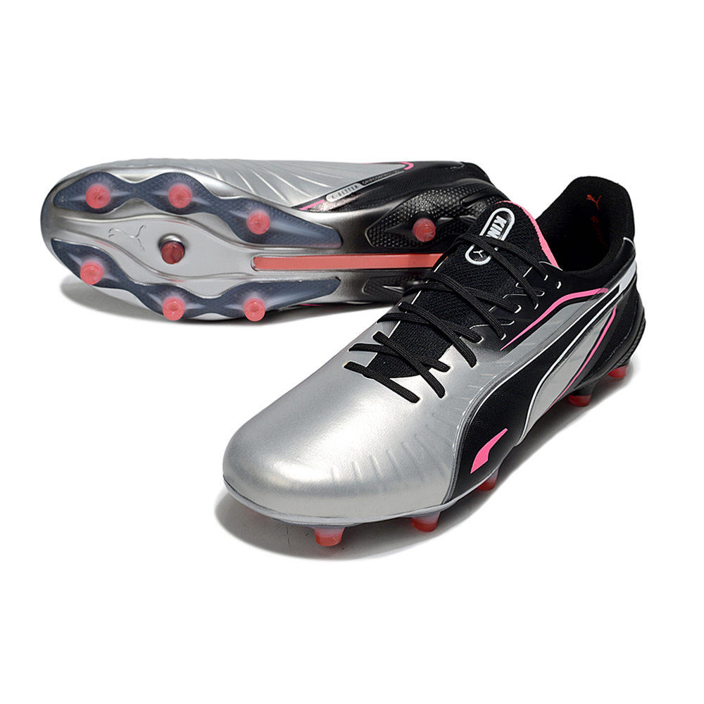 Chuteira Campo Puma King Ultimate FG Audacity Prata, Preto e Rosa