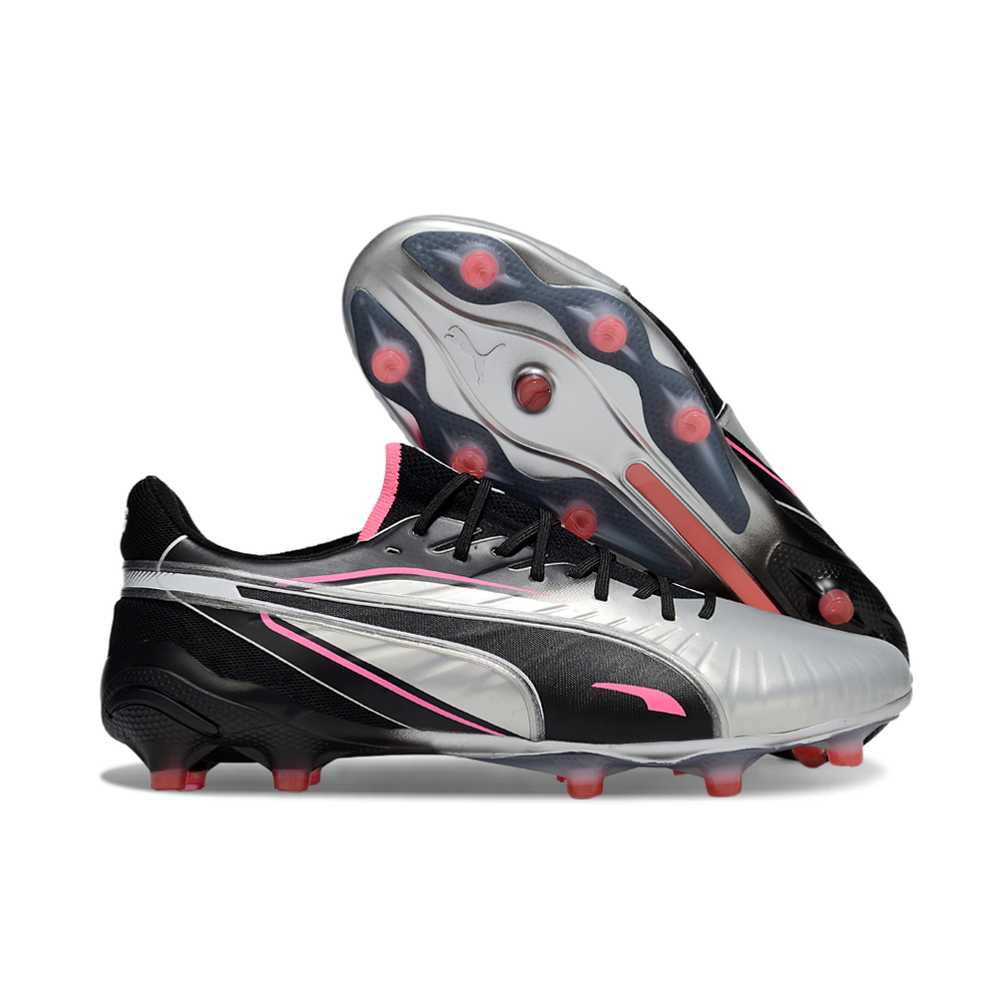 Chuteira Campo Puma King Ultimate FG Audacity Prata, Preto e Rosa