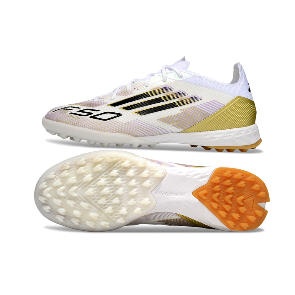 Chuteira Society Adidas F50 TF ''Road To Glory'' Branco e Dourado