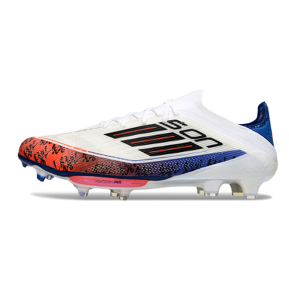 Chuteira Campo Adidas F50+ FG Branco, Laranja e Azul