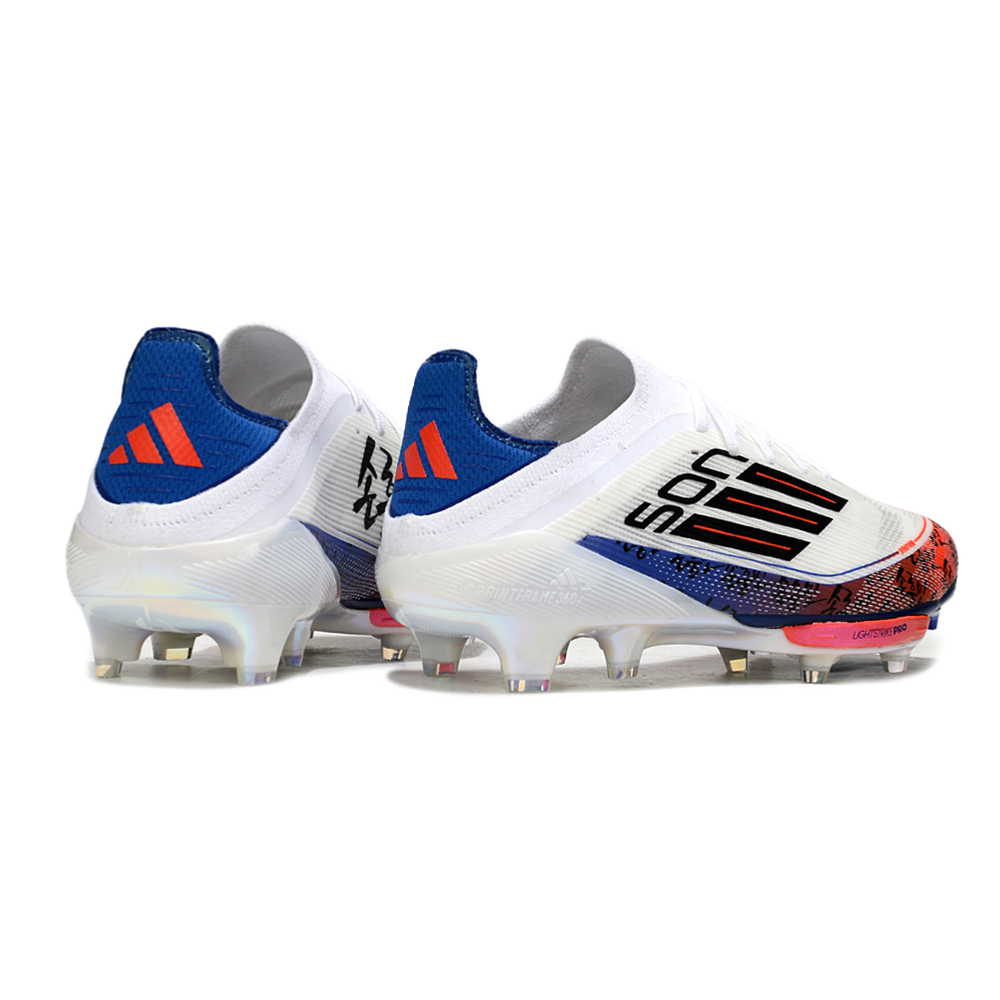 Chuteira Campo Adidas F50+ FG Branco, Laranja e Azul