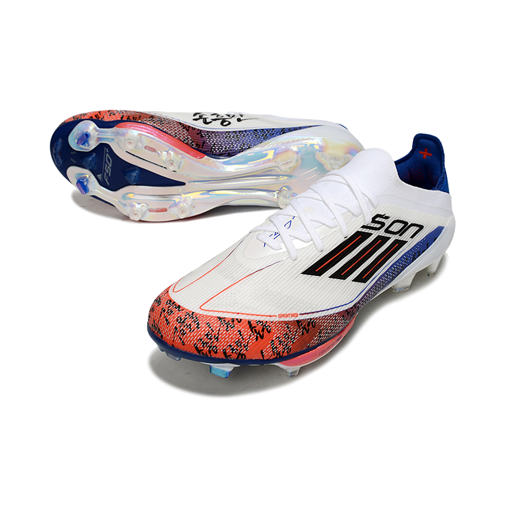 Chuteira Campo Adidas F50+ FG Branco, Laranja e Azul