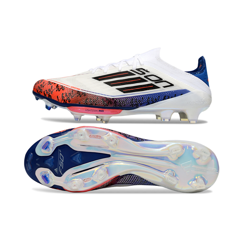 Chuteira Campo Adidas F50+ FG Branco, Laranja e Azul