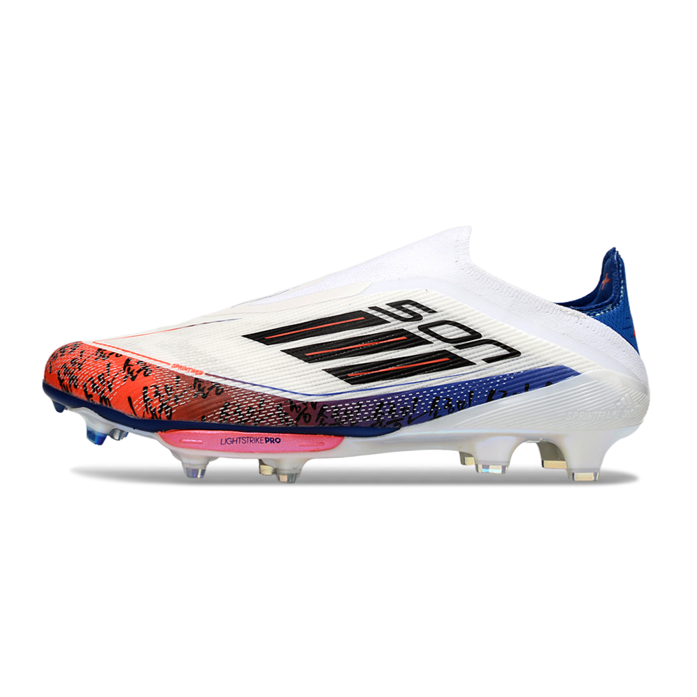 Chuteira Campo Adidas F50+ LL FG Branco, Azul e Laranja