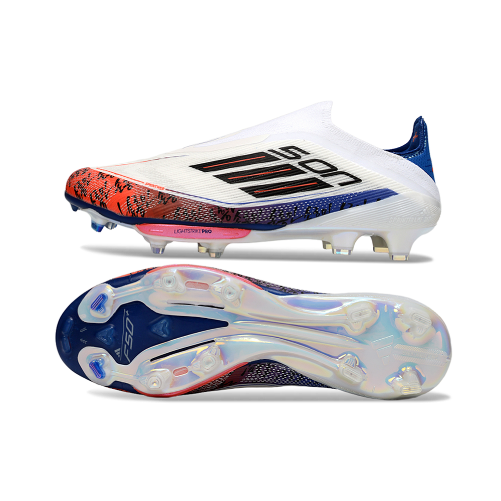 Chuteira Campo Adidas F50+ LL FG Branco, Azul e Laranja