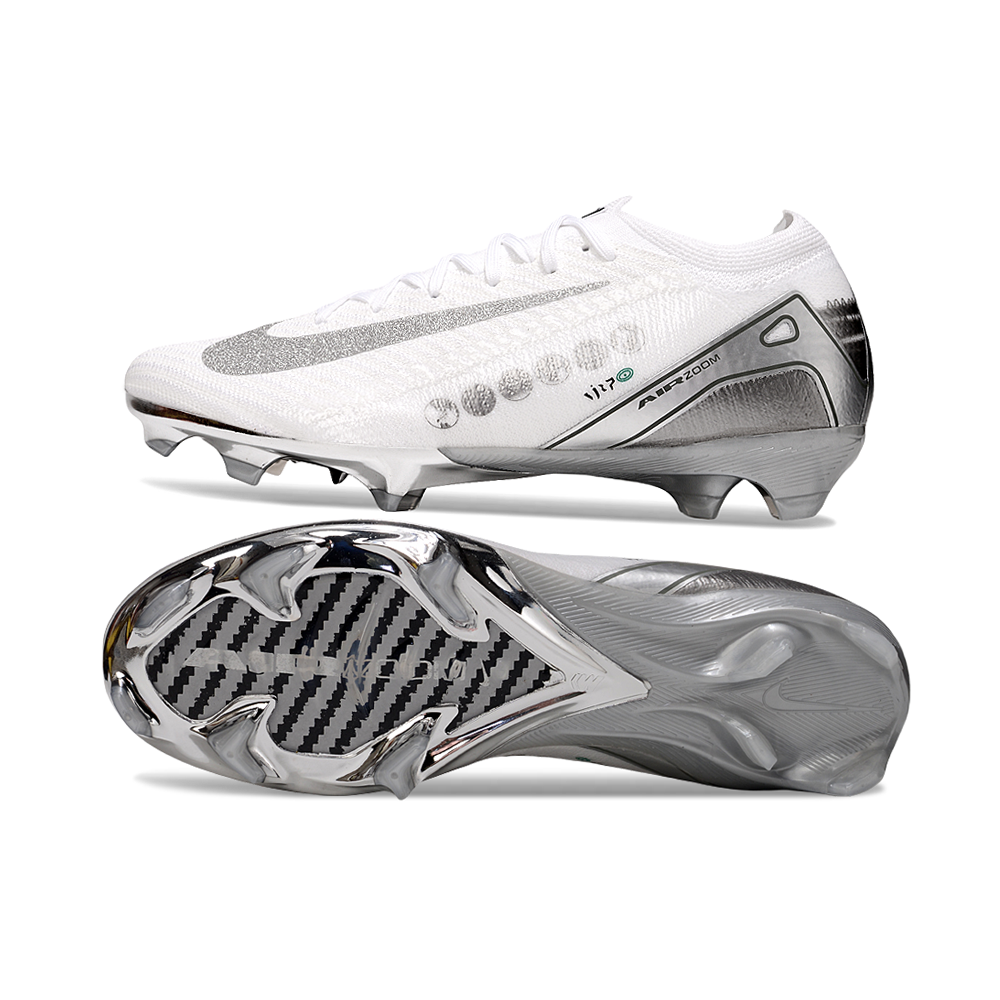 Chuteira Campo Nike Air Zoom Mercurial Vapor 16 Elite FG Branco e Prata