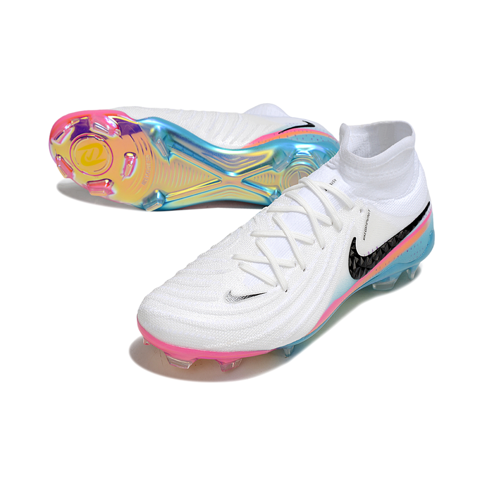 Chuteira Campo Nike Phantom Luna 2 Elite FG Branco, Rosa e Azul