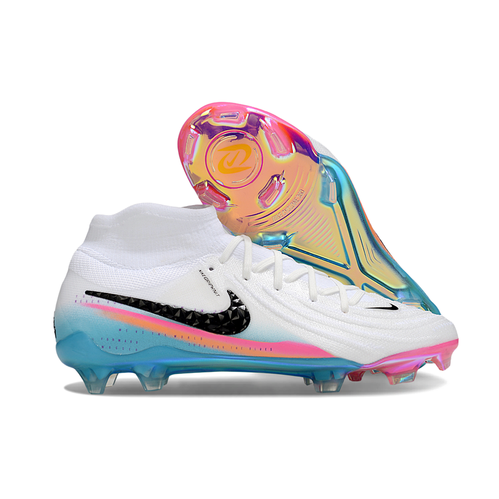 Chuteira Campo Nike Phantom Luna 2 Elite FG Branco, Rosa e Azul